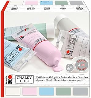 Marabu 026100000087 Chalky Chic Set with 5 x 100 ml Opaque Matt Chalk Paint, Water-Based, Dosing Cap - Rollers, Painting and Polka Dots on Wood, Metal and Plastic, Sandable Used Look
