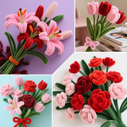 Image of ASTARON 521 Pcs 5 Colors Art Chenille Stems Pipe Cleaners Flower Making Kit | Red Series Craft Pipe Cleaners,20 Floral Wires,Green Gardening Tape, Flowers Making Kit,Polyester Fluffy Pipe Cleaners Set