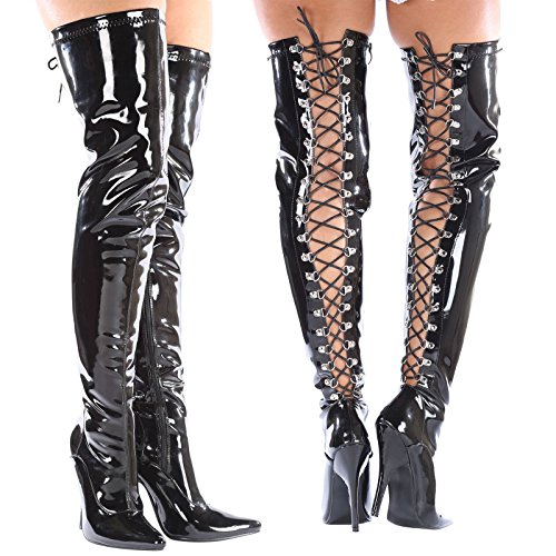 Gizelle Damen Back Lace UP Over The Knee Boots Overknee-Stiefel, Black Patent, 37 EU