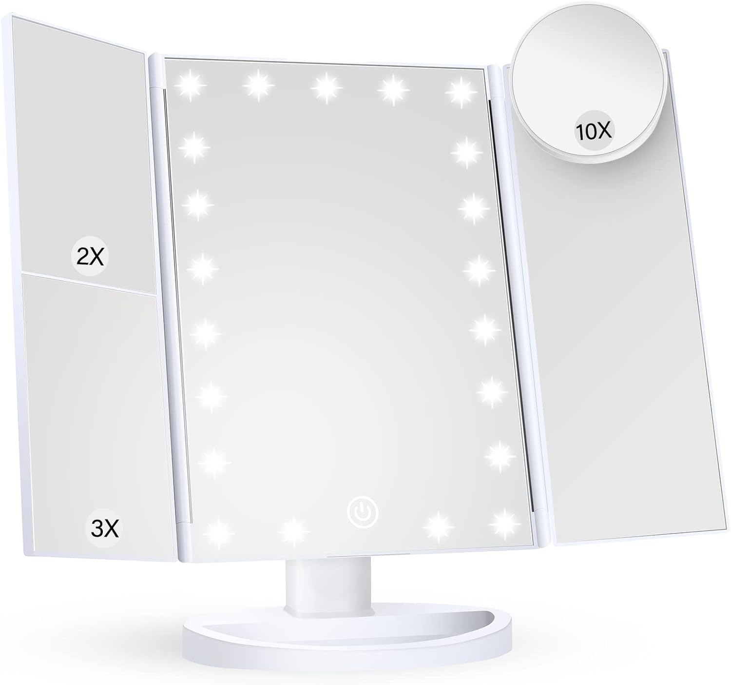 3Clock Makeup Mirror Vanity Mirror with Lights, 2X 3X 10X Magnification, Lighted Makeup Mirror, Touch Control, Trifold Makeup Mirror, Dual Power Supply, Portable LED Makeup Mirror, Women Gift (White)