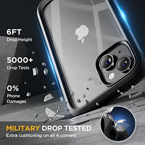 Miracase Compatible with iPhone 14 Case 6.1 inch, [Built-in Glass Screen Protector + 2 Camera Lens Protector] Full Body Rubber Bumper Clear Back Case Cover (Black)