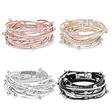 ZAGQIG 4pcs Leather Wrap Bracelets For Women,Boho Multi-Layer Inlaid Beads Handmade Bracelets Fashion Stack Bracelets Jewelry Elegant Leather Bracelet