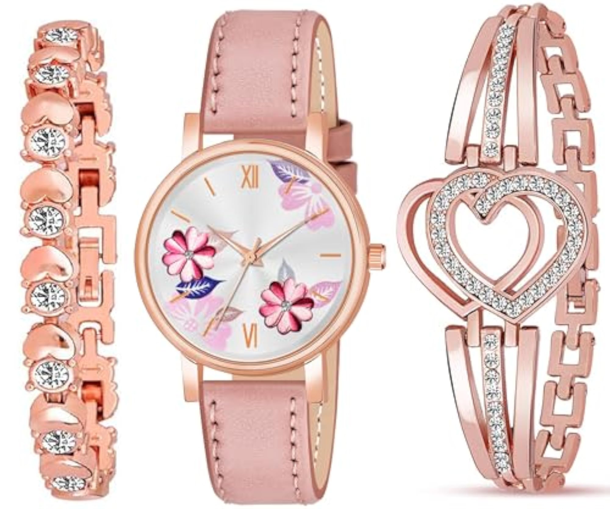 Women's Multicolor Round Dial Leather Belt Watch & Bracelet Combo