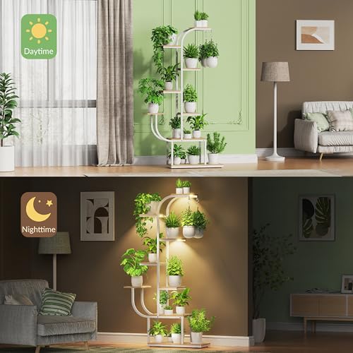 Image of White Plant Stand, 7 Tier Tall Plant Shelf with Grow Light, Large Curve Shaped Lighted Plant Stand for Multiple Plants, Indoor Home Decor Display Rack