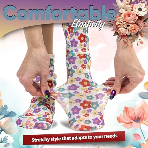 Image of Multicolor Sheer Mesh Socks - Flowers Bouquet with Milky Light Accents - Women Ankle Socks with Floral Pattern - (US sizes 6-8)