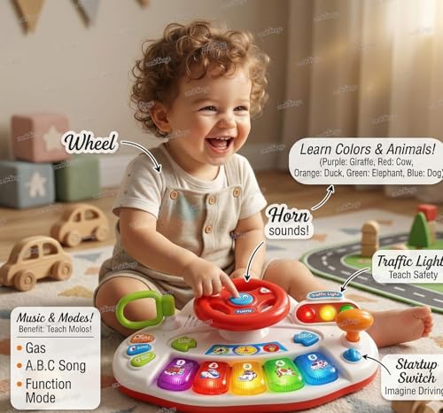Image of Zest 4 Toyz Baby Musical Toy 6 to 12 Months Light up Steering Wheel Toy with Traffic Light & Sound for 6 8 9 10 Months and 1 2 Year Old Boys Girls