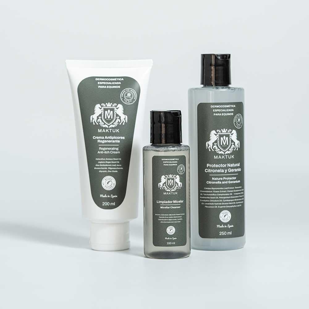 Pack para el Cuidado de la Piel en Caballos, Perros y Gatos Maktuk Horses. Consta de Crema Regenerante Antipicores, Limpiador Micelar Y Protector Natural