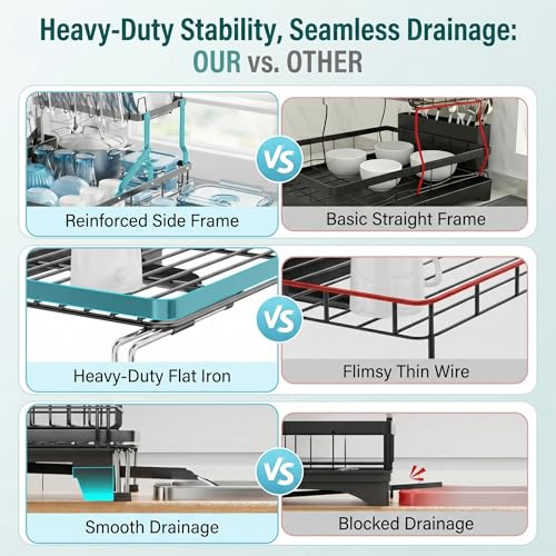Image of COMFYHOME Double-Layer Pull-Out Iron Dish Drain Rack: Saves Space, Includes Cup Holder, Drain Board, Cutlery Rack Suitable for Pots, Pans, Cups, Cutlery