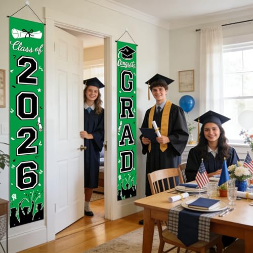 Image of Graduation Decorations 2026, Green Door Porch Signs, Graduation Banner Class of 2026, Congrats Grad Banner for Door and Porch Graduation Party Supplies