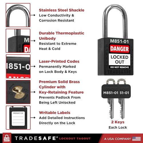 Image of TRADESAFE Lockout Tagout Locks Set with Master Keys - 10 Black Loto Locks Keyed Different, OSHA Compliant Lock Out Tag Out Padlocks for Lockout Tagout Kit, 2 Keys Per Lock