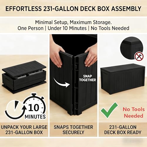 Image of Large 231 Gallon Resin Deck Box, Heavy Duty Lockable Patio Storage Box Outdoor, Waterproof Tool Box for Garden Furniture Cushions & Pool Supplies, Wood Grain Outdoor Storage Bench for Backyard