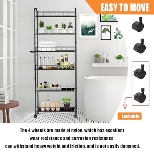 Seadasyoon 10in 6 Tier Slim Rolling Cart with Wheels, Narrow Space Shelving Unit with Handle, Metal Wire Mobile Organiser Rack for Kitchen Bathroom Office Laundry - Image 3
