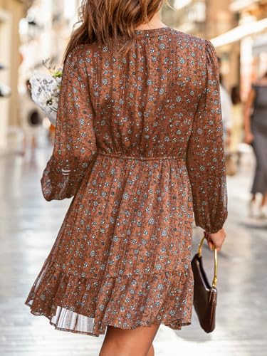 CUPSHE Women Fall Dresses Double Layer Glitter V Neck Ruffle Floral Puff Long Sleeve Elastic Waist Mini Dress2