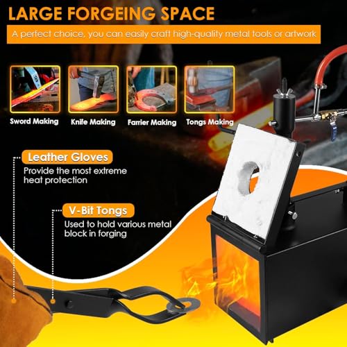 Triple Burner Propane Gas Forge, 2700℉ Blacksmithing Forge Large Capacity Forge, Square Propane Burner Forge with V-Bit Tongs & Leather Welding Gloves for Farrier, Knife and Tool Making by Yoursme - Image 6