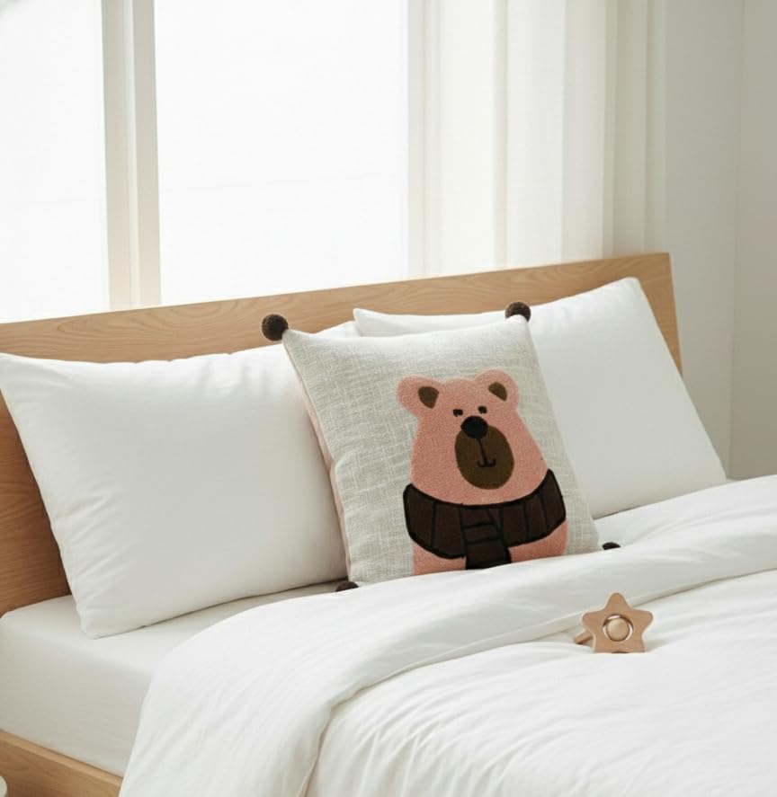 Image of Cotton Fabric White Cartoon Bear Embroidered Kids Cushion Cover for Sofa Set /Diwan Beds 16 x 16 Inches or 40x40 cms Cushion Covers, Sofa Throw Pillow Cover only, Set of 1 Pc