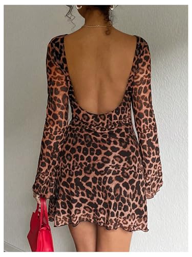 Image of MakeMeChic Women's Cheetah Print Mini Dress Y2k Bell Sleeve Leopard Print Dress Going Out Outfits