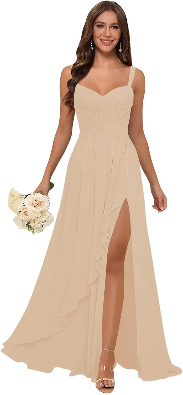 Plus Size Bridesmaid Dresses for Women Spaghetti Straps Ruffles V Neck Champagne Long Corset Formal Dresses with Slit US16