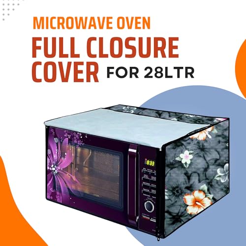 Image of PVC Microwave Oven Cover for LG-28L-MC2846BV | Full Closure Zip | Waterproof & Dustproof | Attractive Digital Print | Wipe Clean | Kitchen Decor | 51 x 30.5 x 49.4 cm | Grey Flower Design
