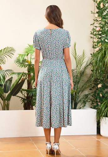 Image of NAVINS Womens Floral Print Modest Wedding Guest Midi Dress with Pockets | Puff sleeve tiered boho dress for summer, church, and vacations. Elastic waist, Below knee, hand or machine wash.