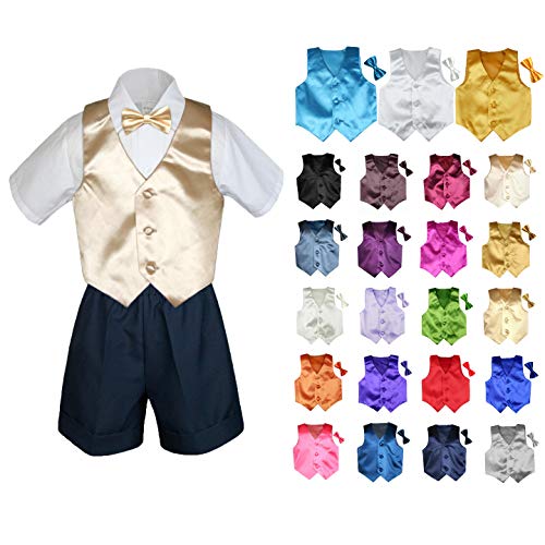MILLTEX 4 Pieces Set Formal Party Wedding Color Satin Vest & Bow tie Shirt Navy Shorts Set New Born Baby Boy Toddler Sm-4T (Sm (0-6 Months Old), Lime)