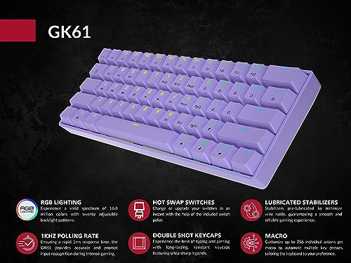 Image of GK61 Mechanical Gaming Keyboard - 61 Keys Multi Color RGB Illuminated LED Backlit Wired Programmable for PC /Mac Gamer (Gateron Optical Brown, Lavender)