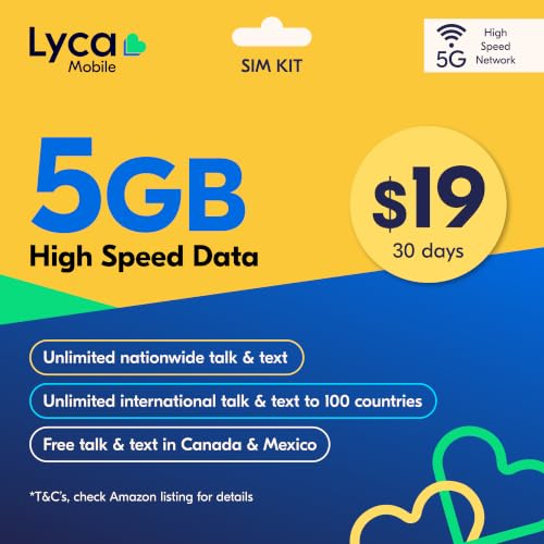 Lyca Mobile USA Prepaid 5G/4G SIM Card | $19 Plan | Unlimited Talk Text & Data | 5GB High Speed Data (5GB Hotspot) | 30 Days