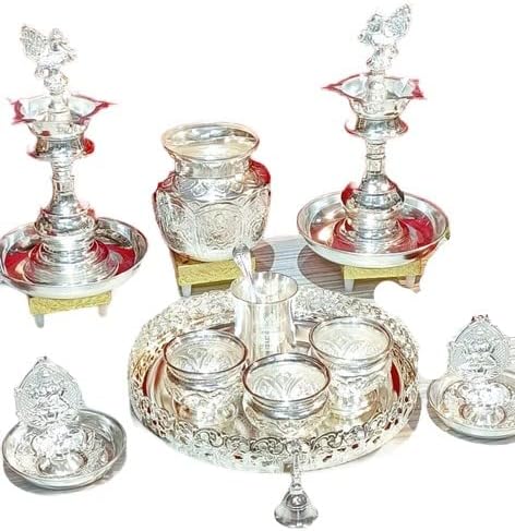 crafting with love a beautiful german silver pooja thali set combo with peacock diya set