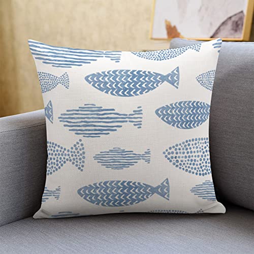 Throw Pillow Cover 18X18 Inch，Watercolor Fish Square Throw Pillow Cases，Art Oriental Ocean Seafood Aqua Blue Ecological Wildlife Oriental Polyester Throw Cushion Covers For Couch Sofa Chair Bedroom #TOP2