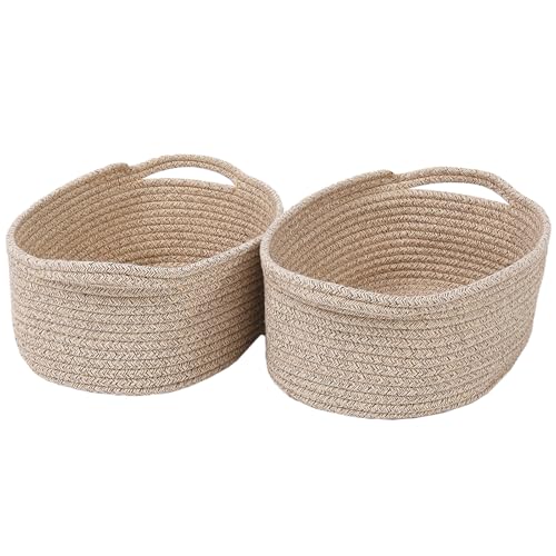 Image of JMvicyroam Small Woven Basket, Empty Gift Basket, Oatmeal /2 Pack | Small Gift Basket, Cotton Rope, 12 x 8 x 13 in, Handles, Includes Ribbon and Bag, Birthday Gift Basket