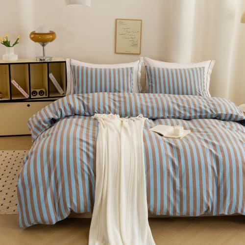 Image of Retro Blue Brown Striped Duvet Cover Set, Soft & Comfortable Durable King