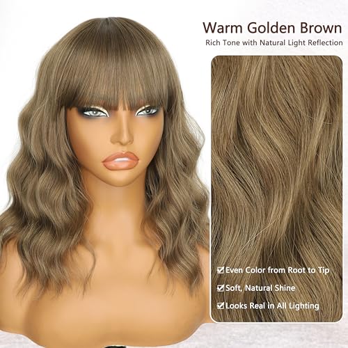 Image of Nnzes Short Wavy Bob Wig with Bangs for Women Shoulder Length Curly Soft Warm Golden Brown Synthetic Heat-Resistant Fiber Hair for Daily & Party Use
