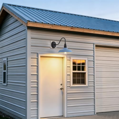 Image of 10 Inch Dome Gooseneck Barrn Light Outdoor, Baby Blue Goose Neck Farmhouse Outdoor Lights Fixture, Barn Style Exterior Wall Lighting Fixtures for Garage, Porch, Entryway