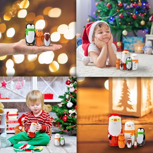 GRPSKCOS Russische Nistpuppen Weihnachtsmann- Matrjoschka Weihnachtspuppen 6 Stück Russischer Schneemann Handgefertigtes Holzspielzeug Geburtstagswunsch Geschenk für Kinder Kleinkind Kinder