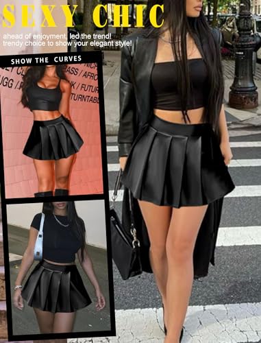Avidlove Short Mini Skirts for Women Trendy High Waisted Faux Leather Pleated Solid Ruffle Skirt3