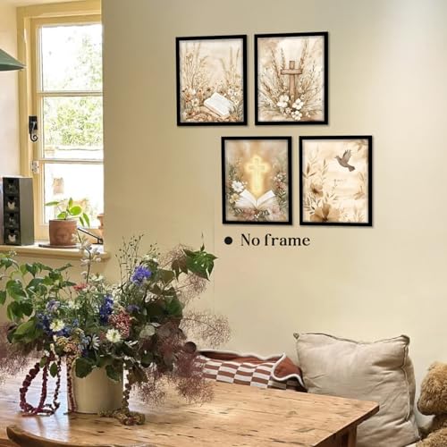 Image of WEFKODO Vintage Christian Bookish Decor Wall Art, Retro Bible Christian Pictures Wall Decor for Home Bathroom Reading Room Church Bedroom, Jesus Art Posters Prints 4Pcs, 8x10 Unframed