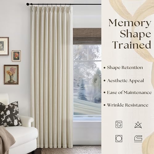 Image of 90 Inches Long 60 Inches Wide Extra Wide Linen Curtains Pleated | Light Filtering, Oatmeal, Semi Sheer, Floor, Pinch Pleated, Privacy, Back Tab, Hooks Rings, Living Dining Room, 60x90