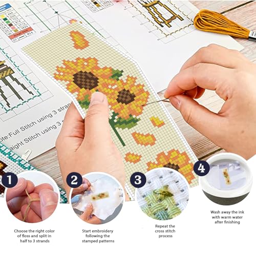 FREEBLOSS 6 Set kreuzstich Blume Lesezeichen Kreuzstich Kits Kreuzstich Set Stickbilder Kreuzstich Blumenstraußmuster Lesezeichen Sticken Stickset Für Anfänger, 6x20cm