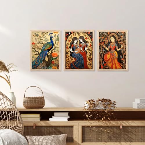 Image of kotart Premium Digital Madhubani Art Paintings with Frame for Home Decor - Framed Painting for Living Room Bedroom Office Room Decor - Painting for Wall Decoration - Pack of 6 (F)