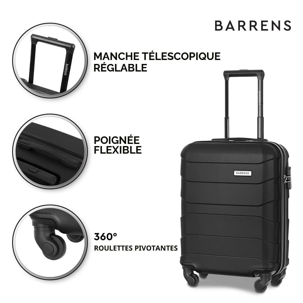 BARRENS Valise Cabine Rigide Bagage Cabine 55x40x20 Valises Leger a 4 Roues Silencieuses Serrure à Combinaison en ABS Ultra-Leger 34L avec Poignée Télescopique (Noir)