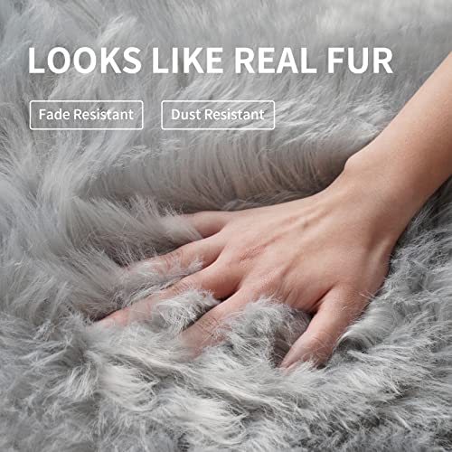 Image of Tangsoo 2x6 Grey Faux Fur Rug,Soft Sheepskin Fluffy Fuzzy Rug for Bedroom