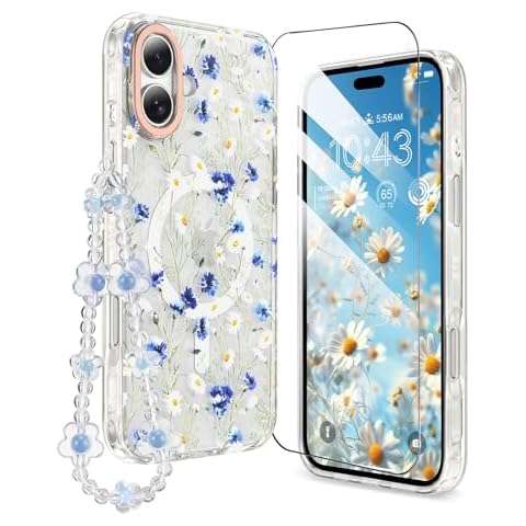 MILPROX Compatible with iPhone 16 Case - with Screen Protector/Strap - Compatible with MagSafe - Cute Flower Floral Pattern with Girls/Women - Magnetic Slim Protective Phone Cover - Flowers Cover