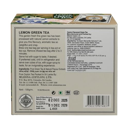 Image of Mlesna Lemon Green Tea 100g | 50 Foil-Wrapped Tea Bags | Pure Ceylon Green Tea | Rich in Antioxidant | Imported from Sri Lanka