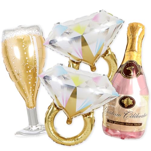 PartyForeve 2 Gold Glitter Ring Bachelorette Party Balloons with 40inch Bottle Balloon and Glass Balloon Hen Party Decorations Balloons for Bridal Shower