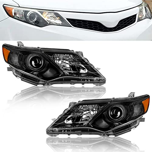 2012 2013 2014 Toyota Camry Headlights Headlight Assembly Fit for 2012-2014 Toyota Camry Halogen Headlamp Black Housing Amber Reflector Replacement Driver Passenger Side