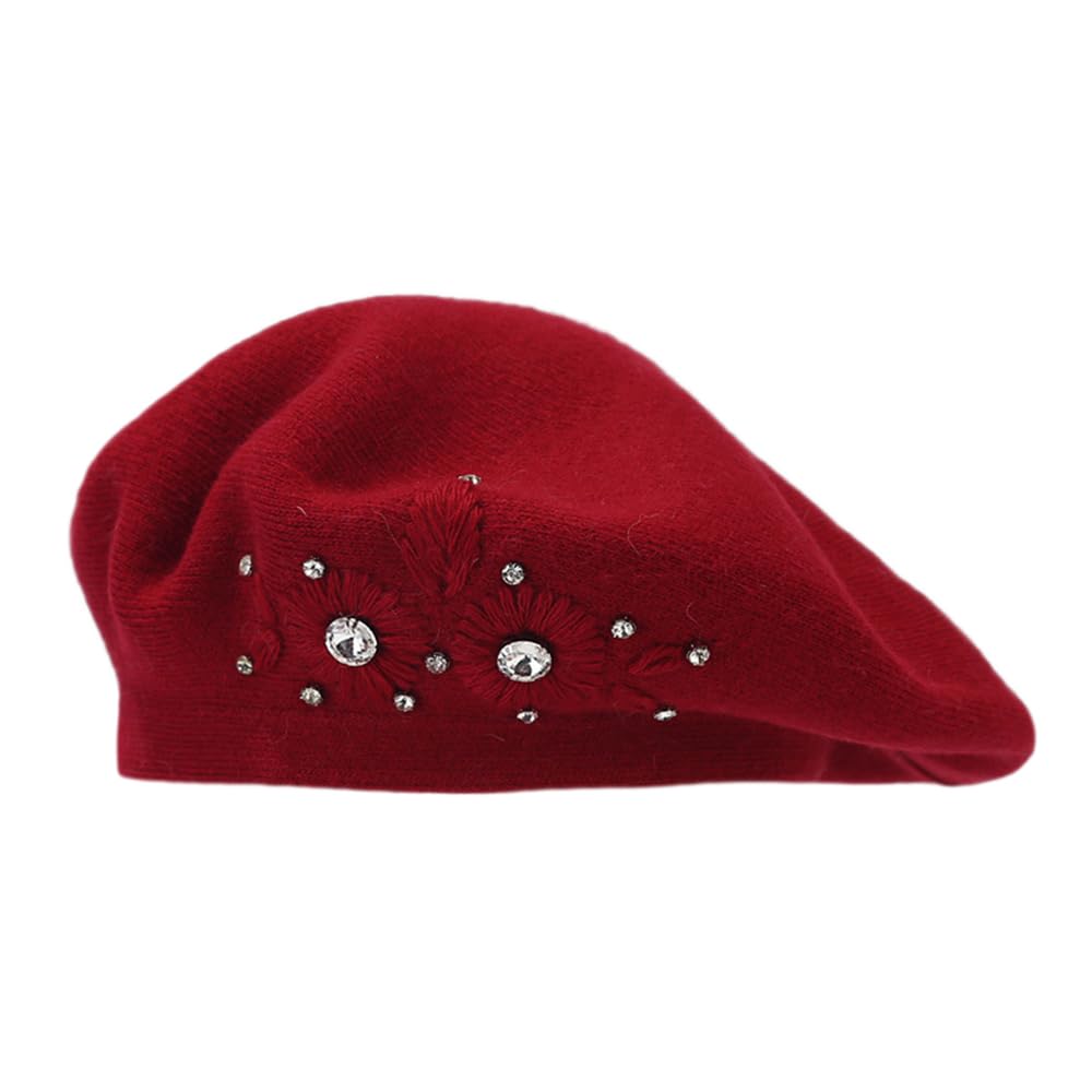YM YOUMU Women Embroidered Flower Bling Rhinestone Classic French Beret Hat Burgundy