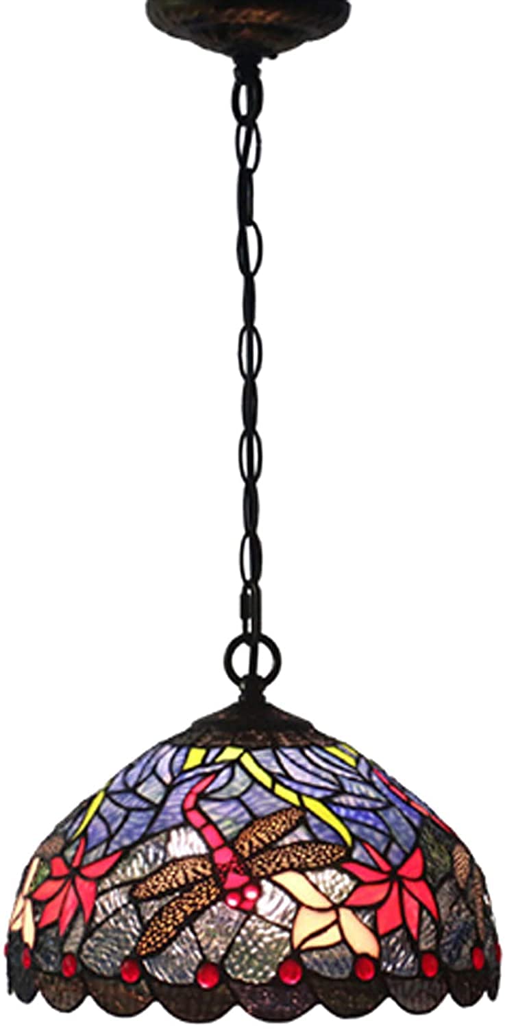 HJRegaFimu Dragonfly Pendant Light Handmade Vintage Stained Glass Ceiling Lamp Chandelier For Dining Room Balcony E27 30cm (e)