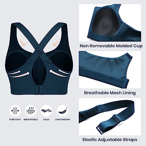 Image of CRZ YOGA Zip Front Cross Back Sports Bras | Molded Cups, Medium to high Support, Training, Adjustable Convertible Straps, Hook and Eye, for Women