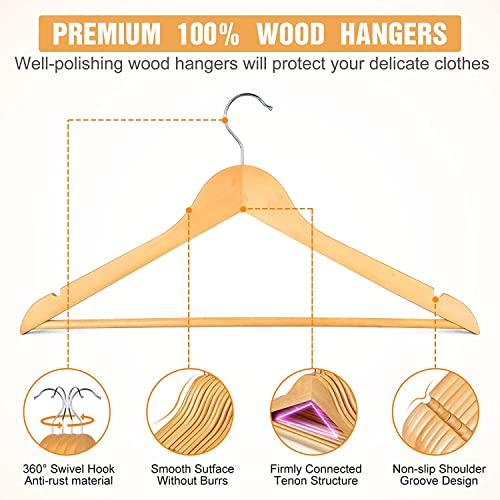 Image of Wooden Hanger Premium Wood with 360 Swivel Hook and Precisely Cut Notches for Dress Clothes, Coats, Jackets, Pants, Shirts, Skirts Hanger (Natural Hanger, 10)