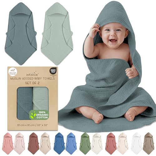 Image of 100% Organic Cotton Muslin Baby Hooded Towel, 32 x 32 in, Green & Mint Green, 2 Pack, Soft Absorbent 4-Layer Hooded Bath Towel for Newborns & Toddlers, Oeko-TEX