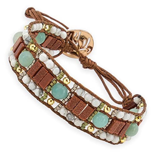 BENAVA Damen Yoga Armband Handgeknüpft aus Howlith Amazonit und Steinstein Perlen | Damenarmband Verstellbar im Boho Hippie Stil | Gebetsarmband Freundschaftsarmband Cover